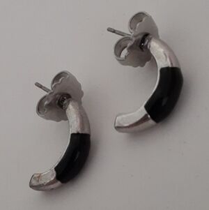 Silver & Black Enamel Pierced Hoop Earrings E127